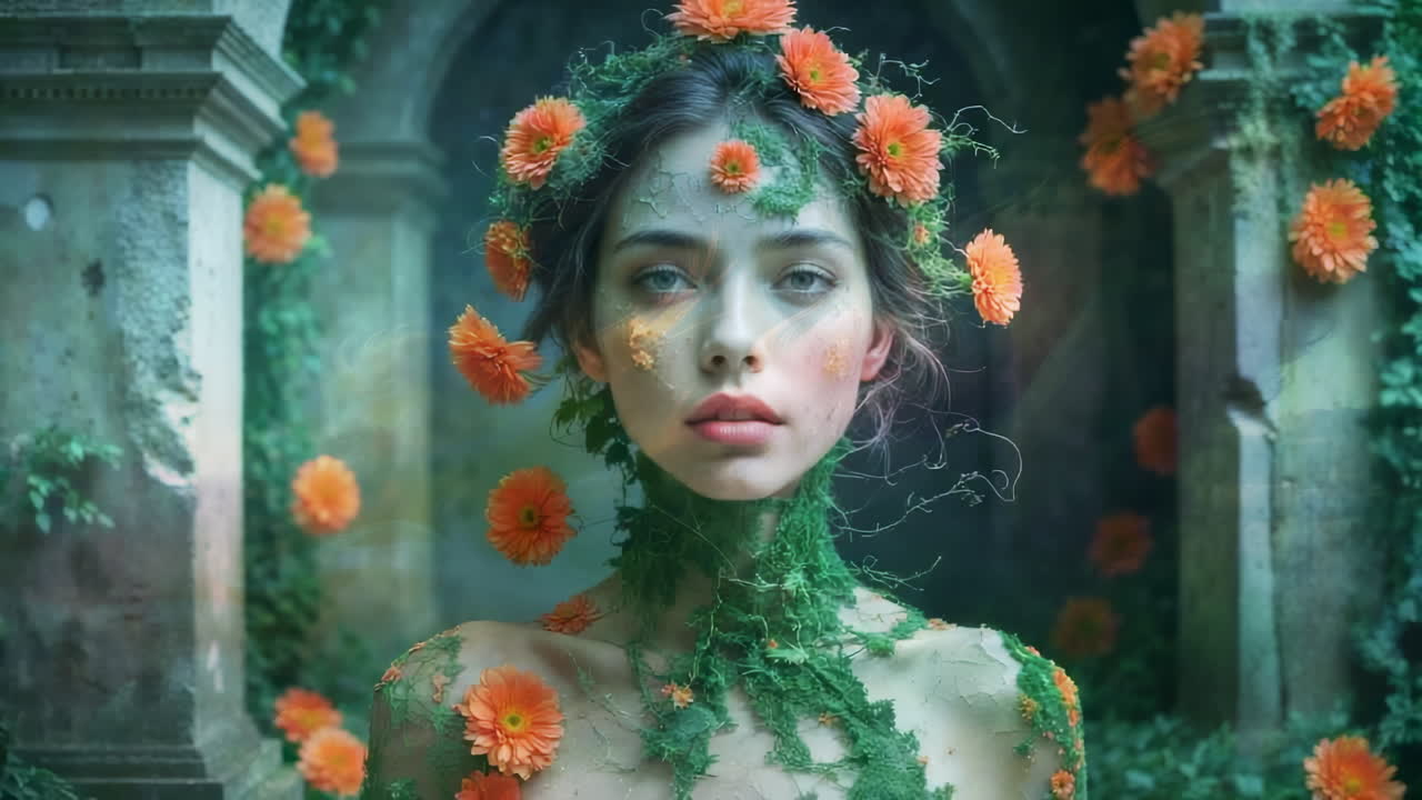 Enchanting Woman Adorned with Flowers and Foliage