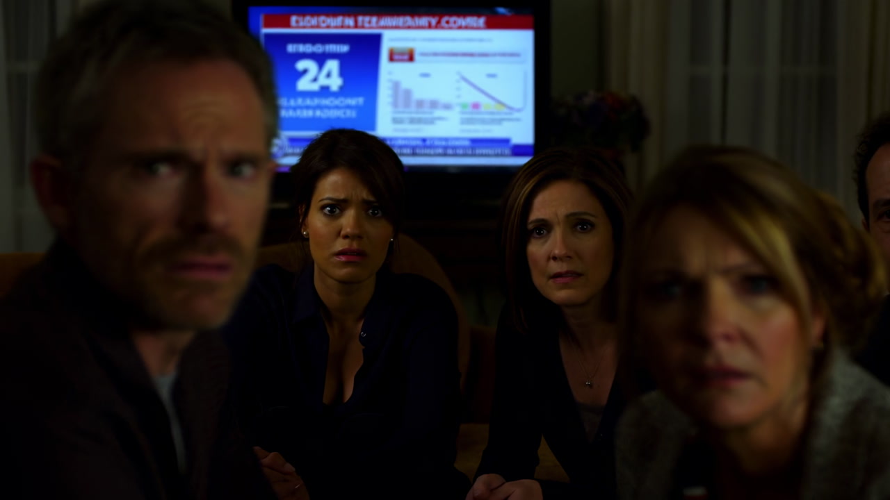 Tense Group Watching Breaking News On Television, Closeup Faces Clustered On Sofa In Dim Living Room, Live
