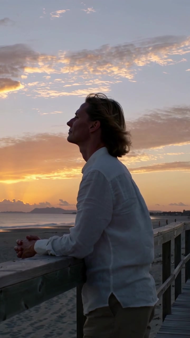 Video verticale: Uomo appoggiato a una ringhiera sul lungomare che osserva l'orizzonte mentre il sole tramonta, la brezza gli solleva i capelli.