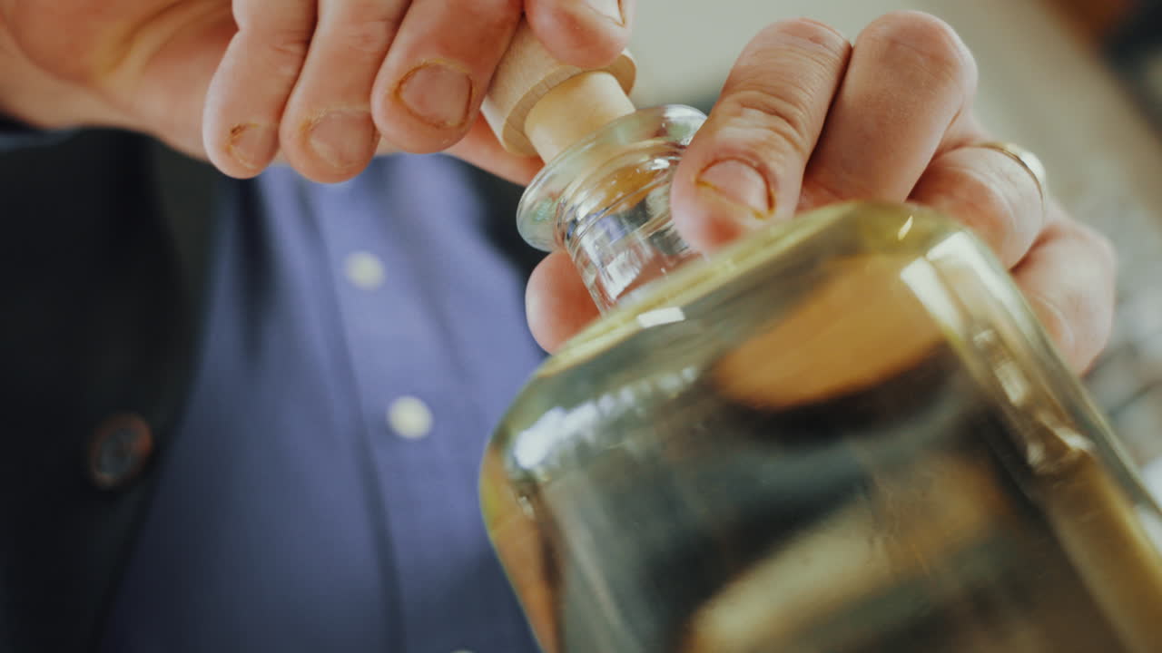 Close up shot of a male expert putting a cap on a glass bottle of distilled gin, quality control process in a gin distillery production