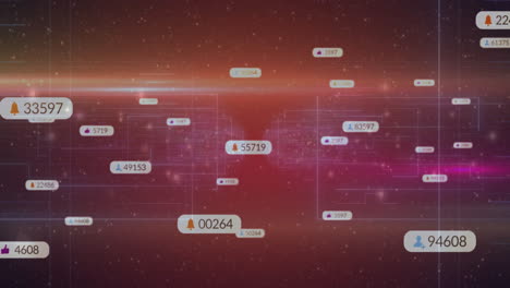 animation of digital data points and numbers floating on futuristic red background