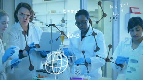 molecular structure and mathematical symbols against group of scientists working in laboratory