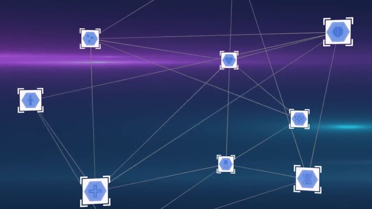 Network of digital icons against spot of light and light trails on blue background