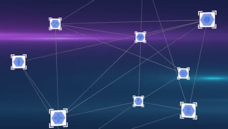 red de iconos digitales contra puntos de luz y rastros de luz sobre fondo azul