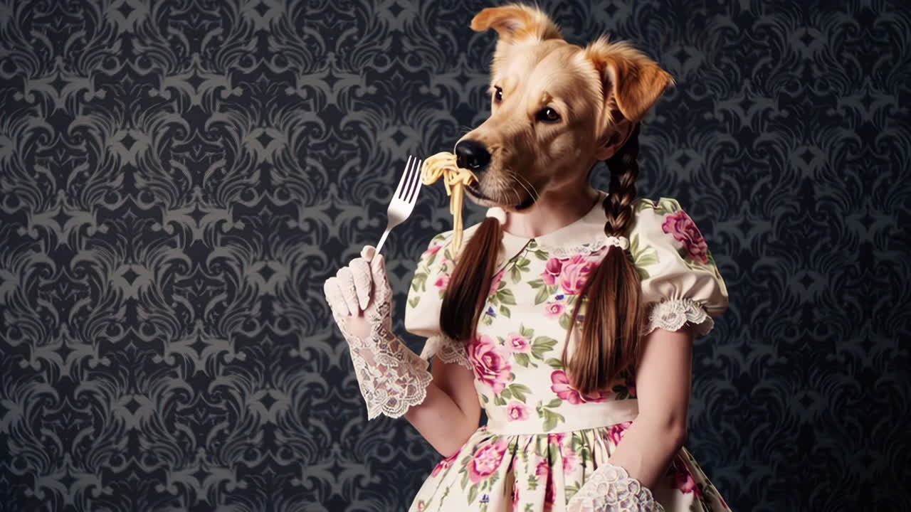 Surreal Dog-Headed Person Eating Spaghetti