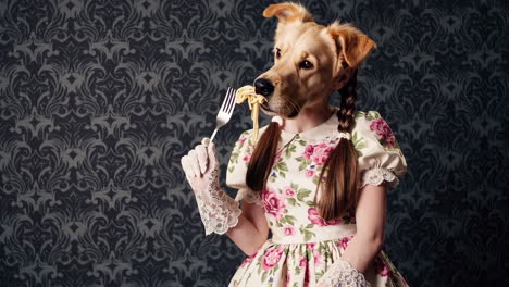 surreal dog-headed person eating spaghetti