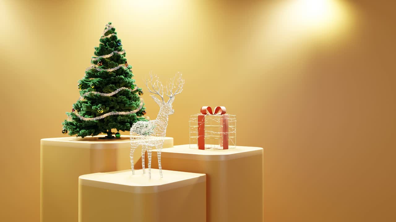 크리스마스 트리, 조명된 순록, 노란색 배경에 포장된 선물