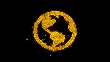 globe icon sparks particles on black background.