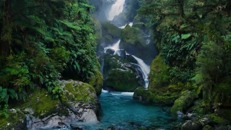 stunning rainforest waterfall with blue water in new zealand