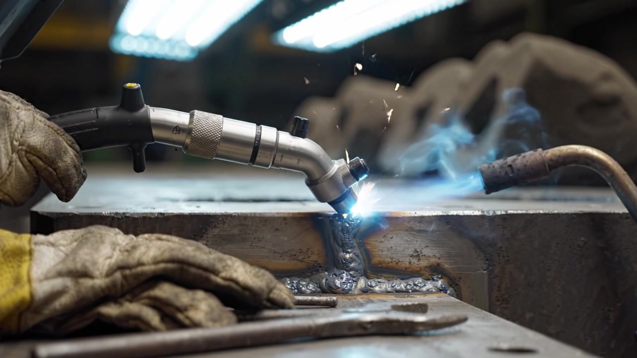 Welding Process in Action: Close-Up of Metal Joining Techniques with Hands and Tools Highlighted in a Workshop Environment Showcasing Skilled Labor.