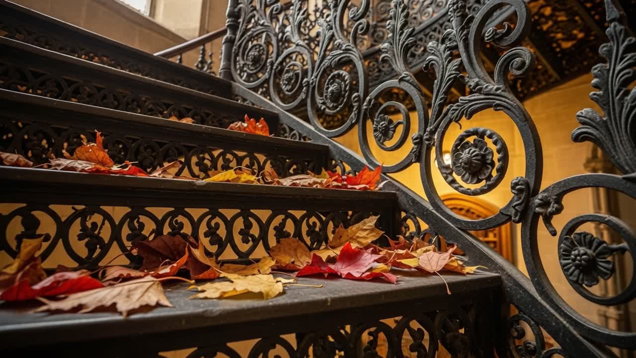 Beautiful Autumn Leaves Adorning a Decorative Iron Staircase in a Historic Building, Showcasing Nature's Colors and Architectural Elegance