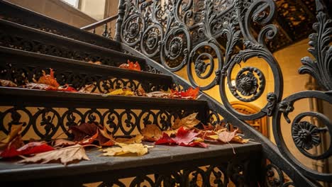 beautiful autumn leaves adorning a decorative iron staircase in a historic building, showcasing nature's colors and architectural elegance