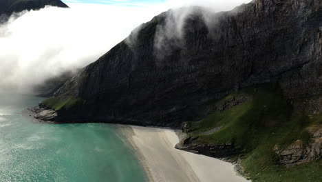 Drone-footage-of-the-beach-on-the-island-of-Vaeroy,-Lofoten-Islands-in-Norway