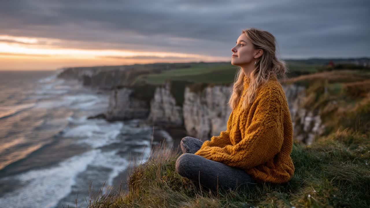 A Serene Moment at the Edge of the World: A Young Woman in a Cozy Sweater Meditates on a Cliff Overlooking the Ocean at Sunset