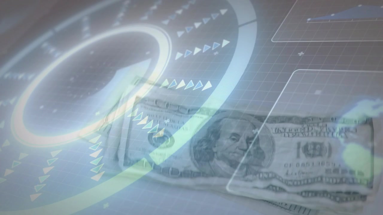 Glowing HUD pulsing and rotating, causing dim USD100 bill appearing, shifting upleft for finance UI