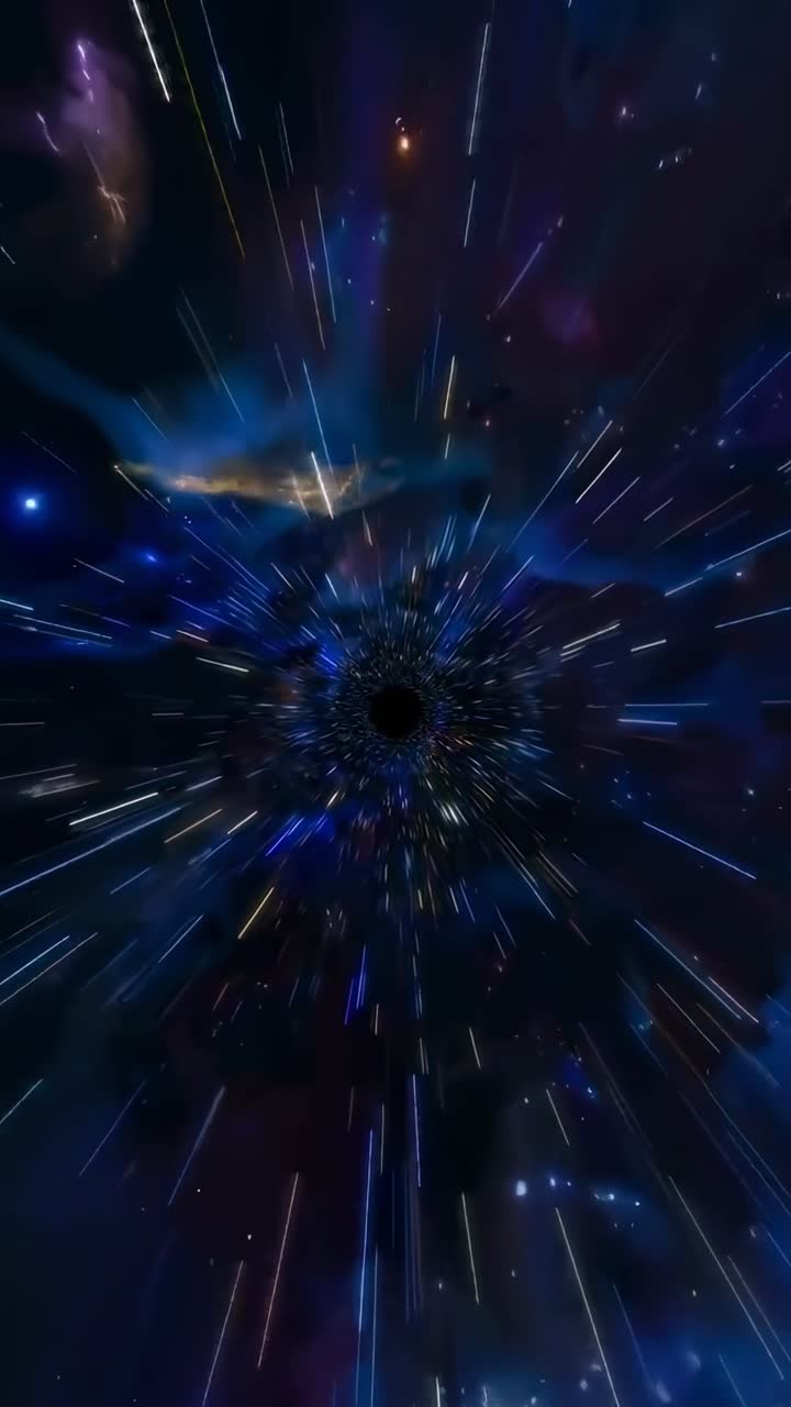 Un video di un tunnel cosmico con un'angolazione dinamica e diretta, che mostra un vortice vibrante e stellato.