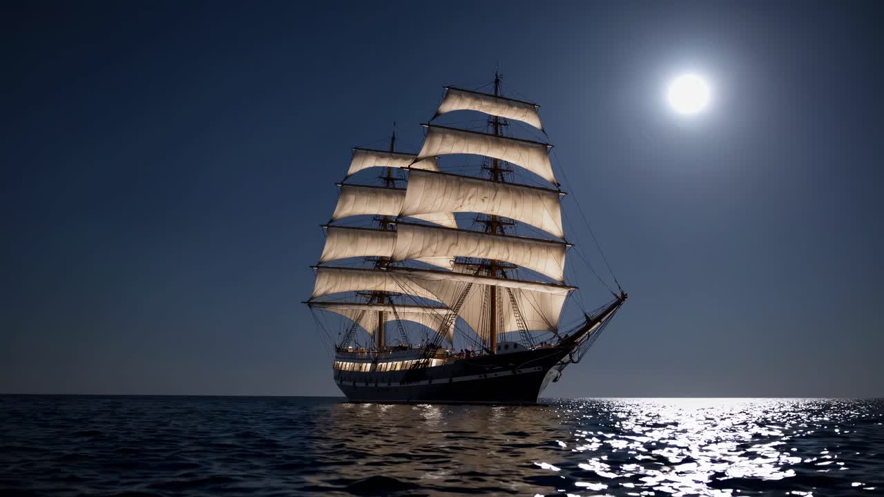 A majestic sailing ship glides under a full moon, captured from a low angle