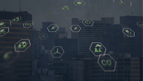 animation of multiple digital icons floating against aerial view of cityscape