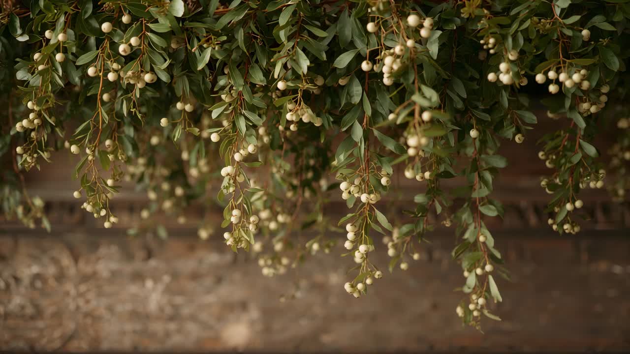 Moving camera closer, hanging stems swaying on overhead beam against brown wall, revealing berries