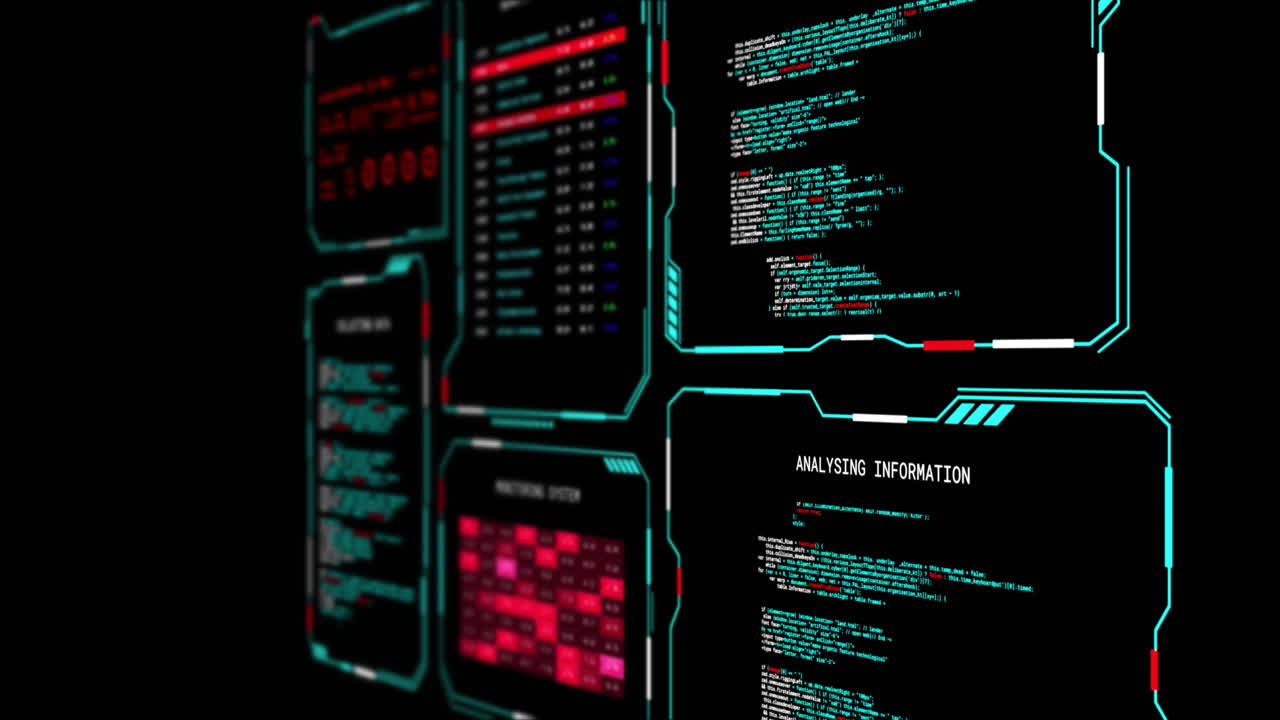 Animation of digital data processing on screens over black background