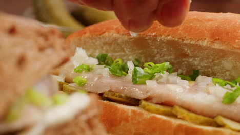 open-faced herring sandwich with pickles and green onions