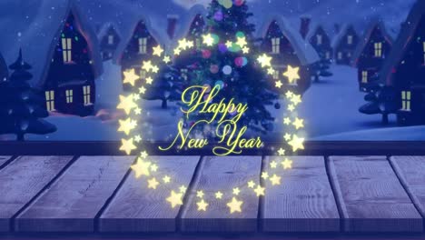 animation of happy new year text with fairy lights over snow falling and winter landscape