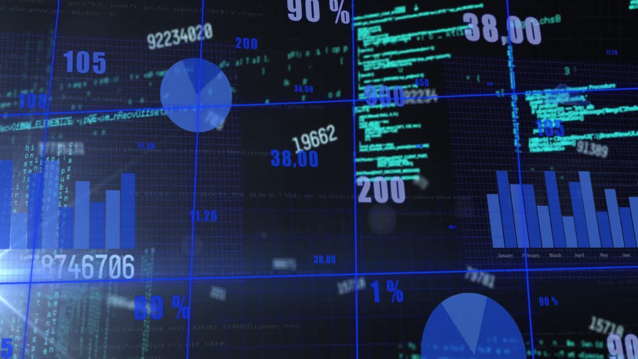 animación de múltiples números cambiantes y procesamiento de datos estadísticos contra un fondo azul