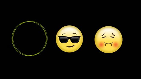 Digital-animation-of-abstract-shapes,-sick-and-face-wearing-sunglasses-emojis-on-black-background