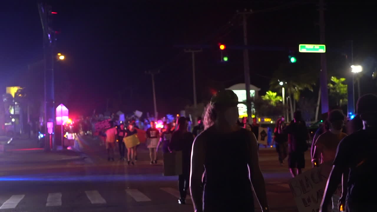 Crowd of protestors illuminated by police lights during Black Lives Matter protest at night