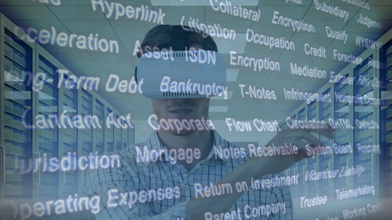 animación del procesamiento de datos y el reloj sobre el hombre utilizando auriculares vr