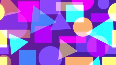 animación de formas geométricas abstractas y coloridas. triángulos, cuadrados y círculos brillantes sobre un fondo púrpura oscuro. papel tapiz en vivo, banner o presentación. imágenes de bucle animadas