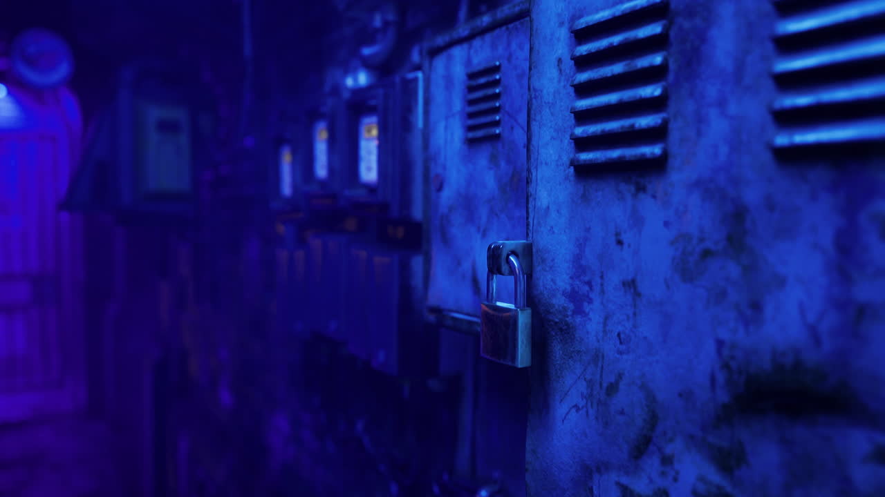 Mysterious alleyway with industrial lockers in blue lighting at night