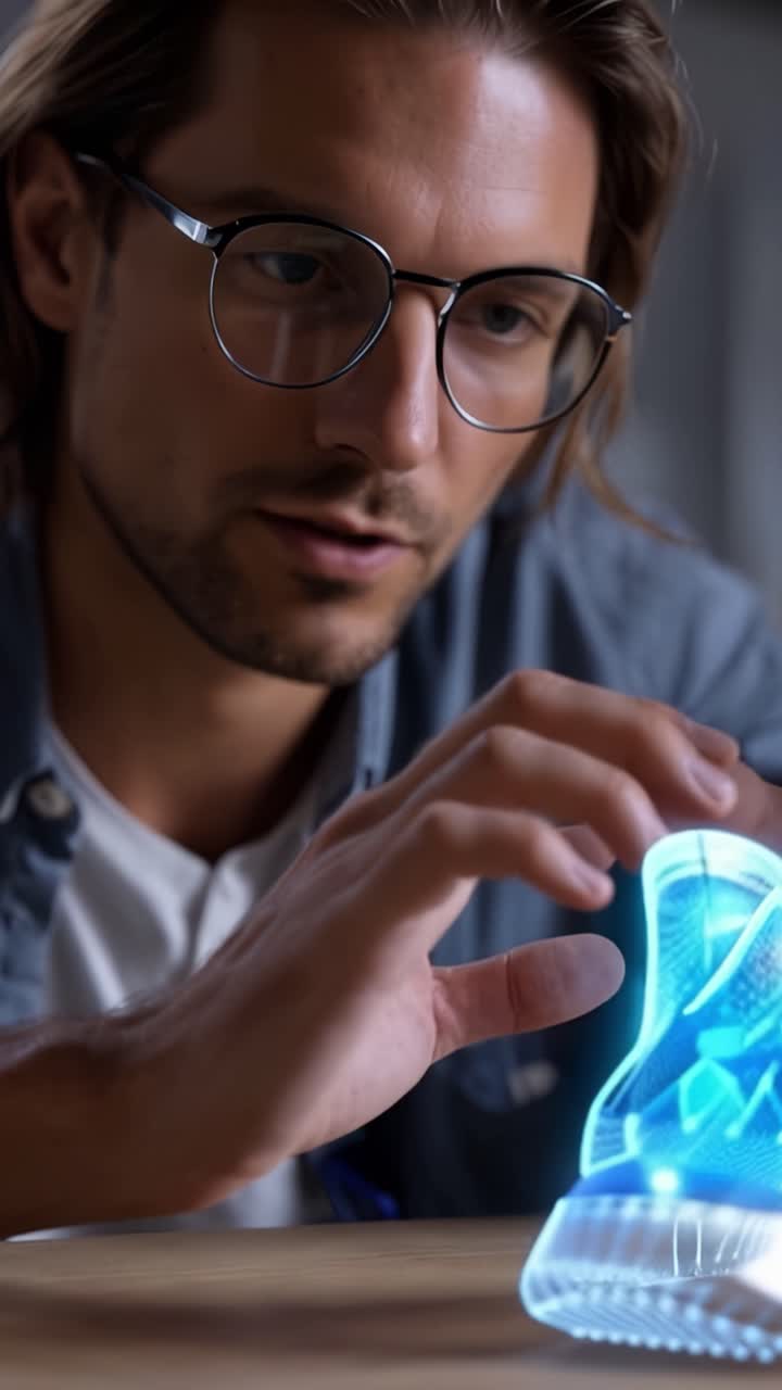 Un hombre concentrado interactúa con un modelo holográfico 3D de una zapatilla, mostrando innovación y tecnología moderna en técnicas de diseño y visualización.