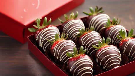gourmet chocolate dipped strawberries nestled elegantly in vibrant red gift box, showcasing luxurious dessert presentation with artful arrangement and irresistible visual allure