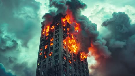 un edificio alto en llamas con humo que se eleva desde la parte superior