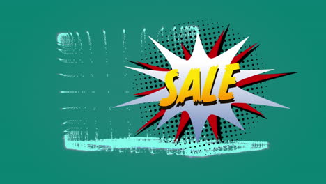 sale text over retro speech bubble against 3d laptop model spinning on green background