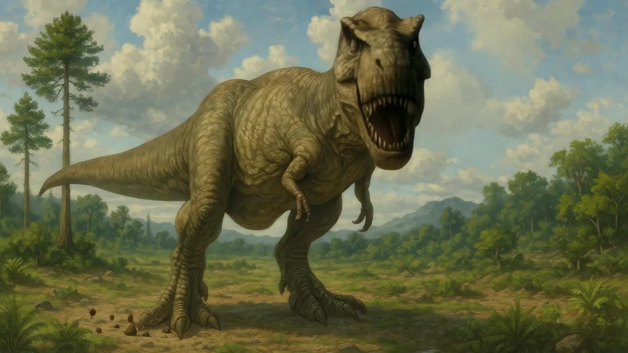 A dramatic low-angle view of a roaring T-Rex in a prehistoric landscape, perfect for a video