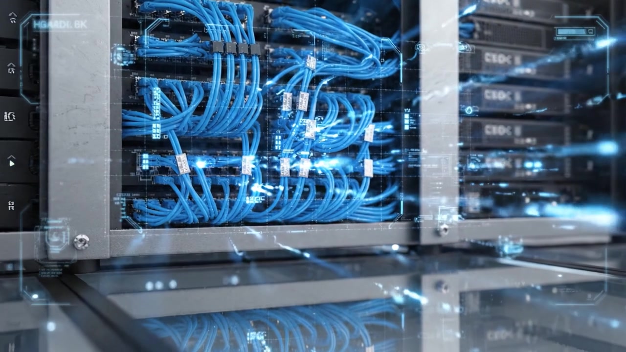 Detailed Overview of a Modern Server Rack Showcasing Intricate Cabling Solutions and Network Organization in a Data Center Environment