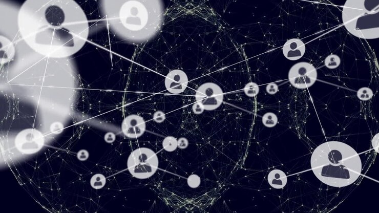 Animation of network of connections with people icons over black background