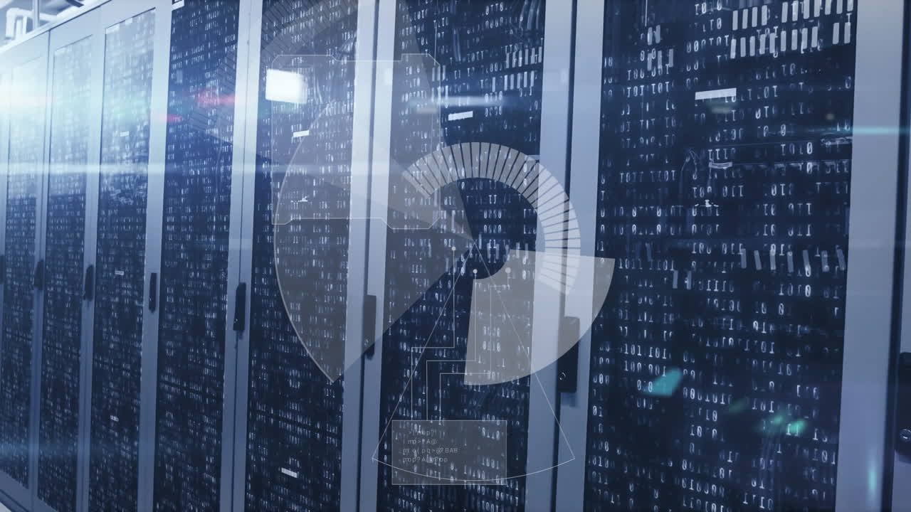 Animation of scope scanning and data processing over tech room with computer servers