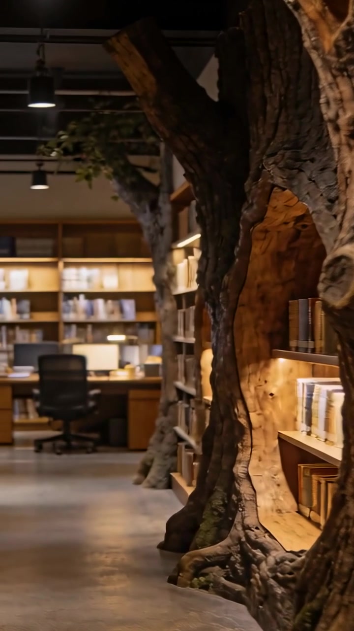 Vertical video: Panning trunk camera pulling back to reveal desk shelf chair in library, copy space