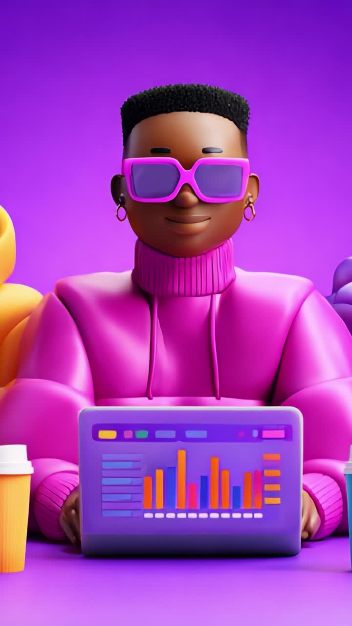 A digital artist showcases vibrant creativity while analyzing data on a laptop, surrounded by colorful 3D elements, all set against a purple backdrop