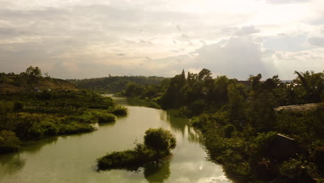 Scenic-tropical-landscape-by-Đa-Nhim-River,-Vietnam,-aerial-view