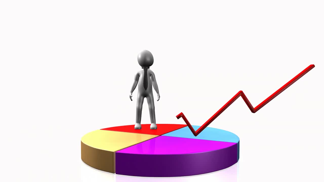 행복한 3d 남자가 통계를 제시합니다.