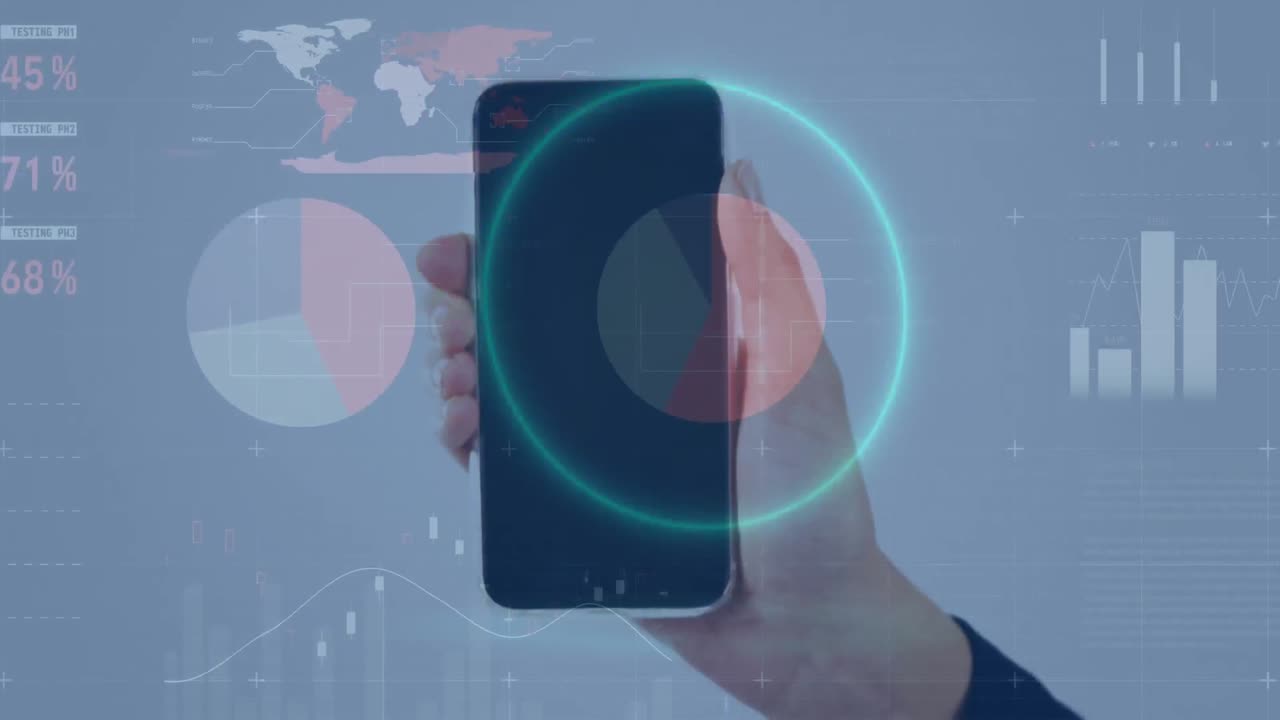 animación del procesamiento de datos financieros sobre una mujer caucásica que usa un teléfono inteligente