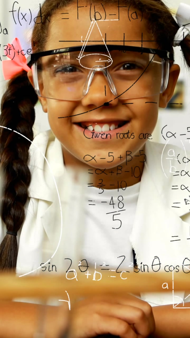 Animation of mathematical formulae over smiling schoolgirl