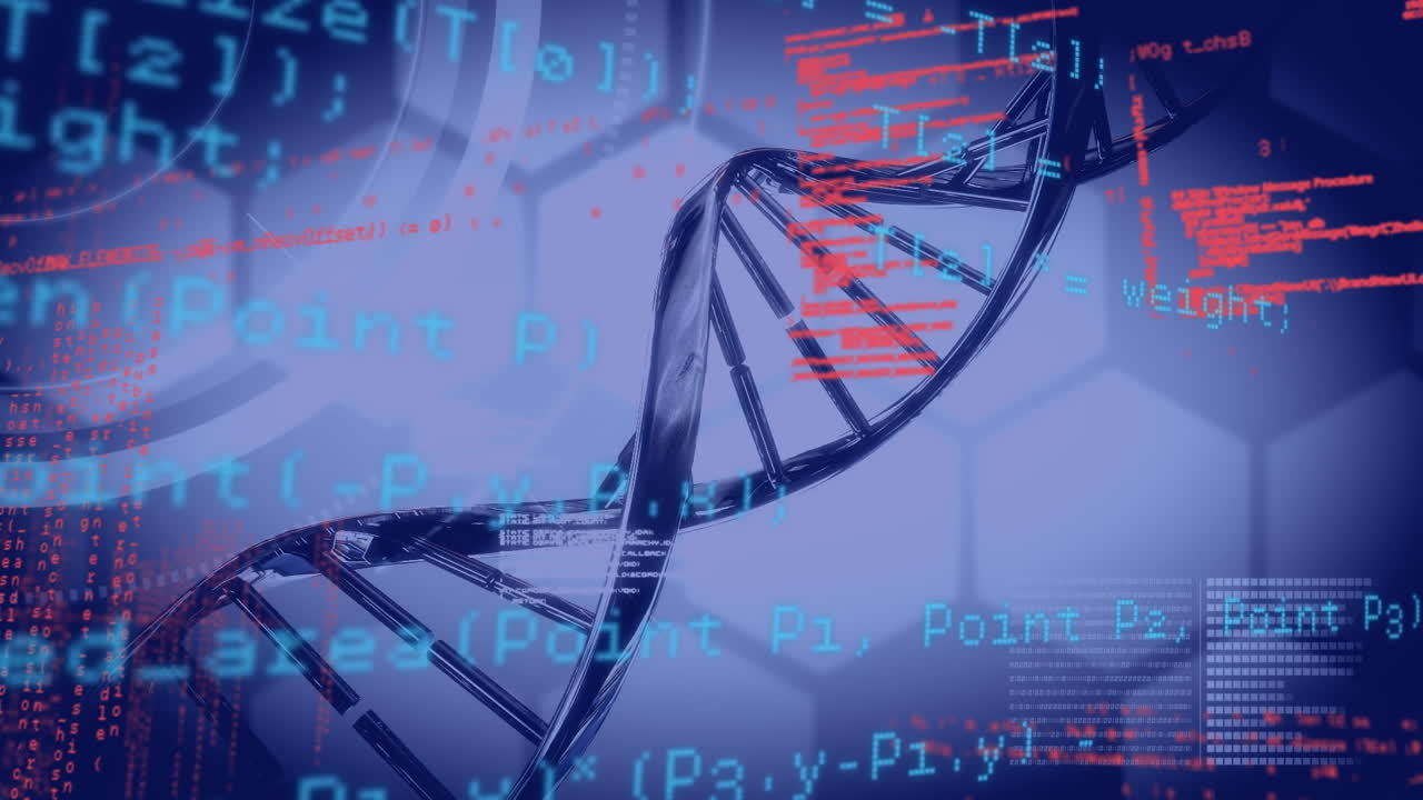animación del hilado de cadenas de adn 3d y procesamiento de datos científicos sobre hexágonos en el fondo