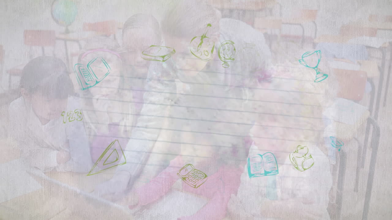 múltiples iconos del concepto de la escuela contra las maestras que enseñan a los estudiantes