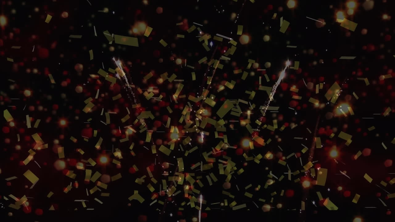 Animation of fireworks exploding and confetti falling against black background with copy space