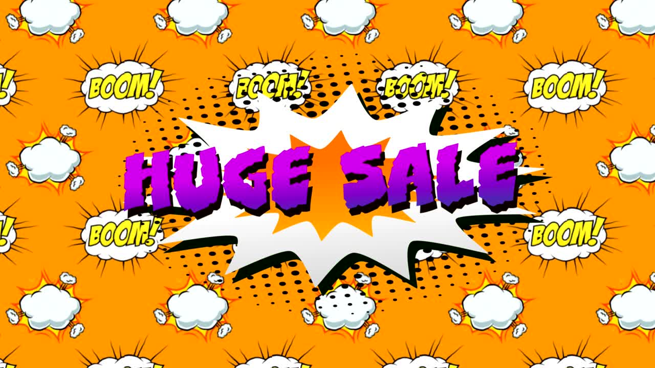 enorme venta y boom texto en la burbuja de habla contra fondo naranja